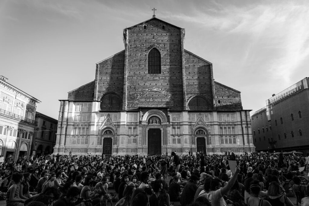 pexels-photo-9574970-9574970 Black and white photo of Basilica di San Petronio with people gathered in front.